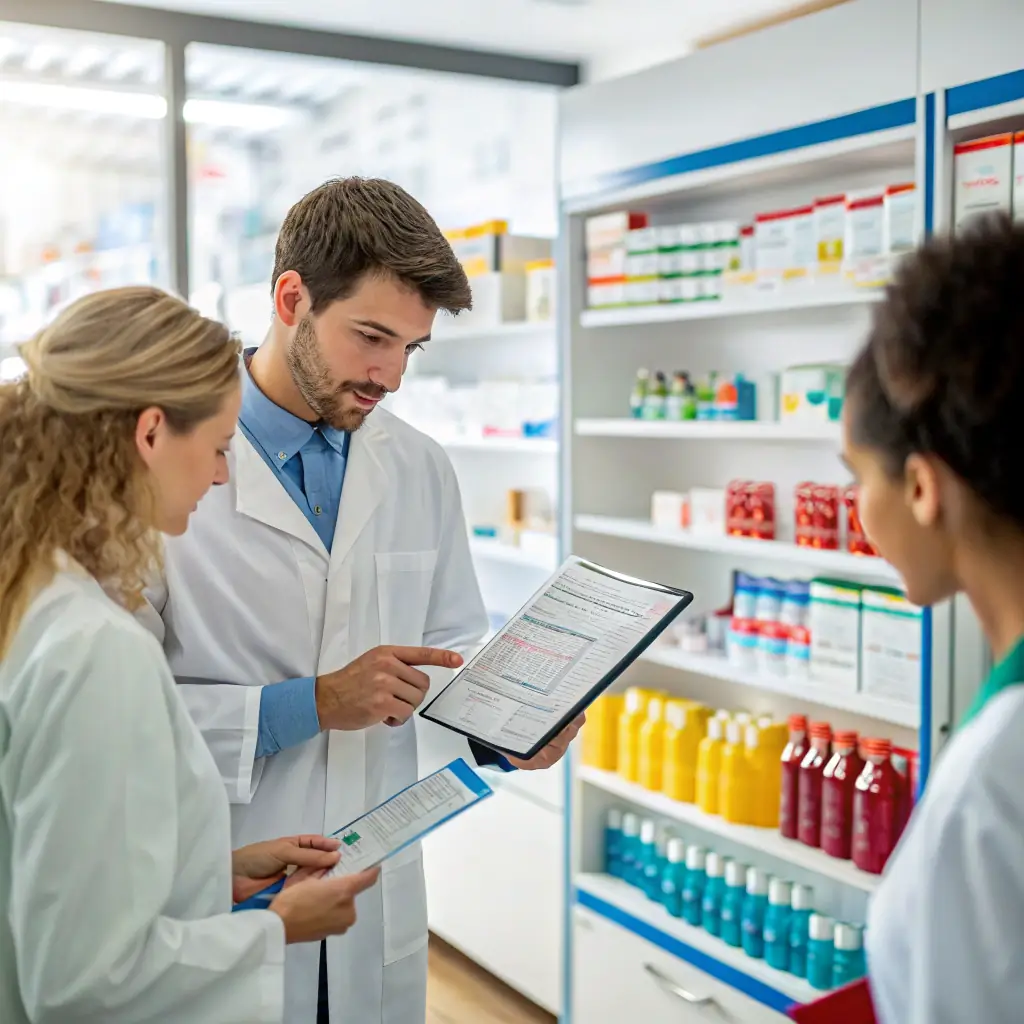 Three pharmacy staff reviewing a document on a tablet