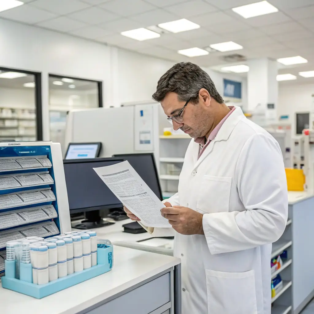 Pharmacist reading a printed document in a dispensary