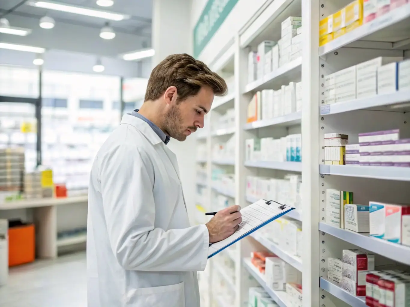 An image depicting a consultant conducting a risk assessment in a pharmacy setting, emphasizing thoroughness and attention to detail.