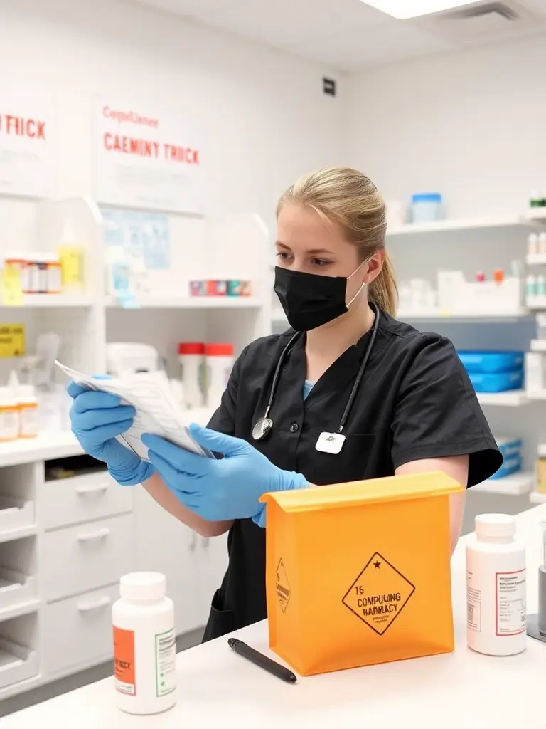A compounding pharmacy technician wearing gloves and a mask, performing a risk assessment using a checklist, with a focus on identifying potential hazards in the Alberta context.