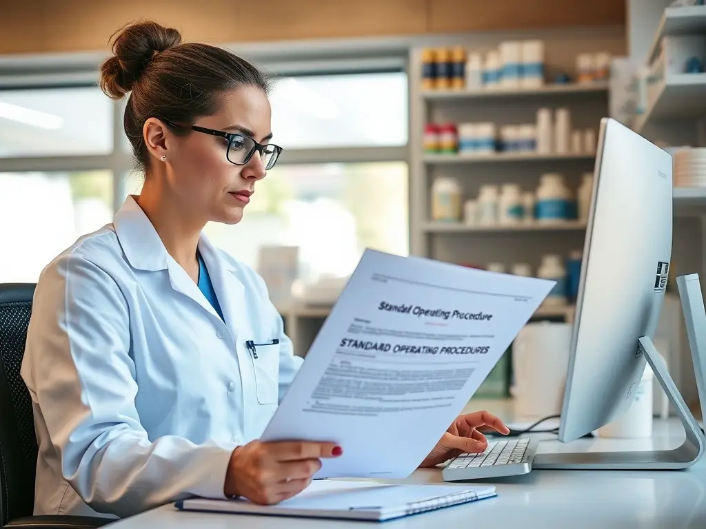 A pharmacist in British Columbia reviewing a Standard Operating Procedure (SOP) document, ensuring adherence to best practices and regulatory guidelines.