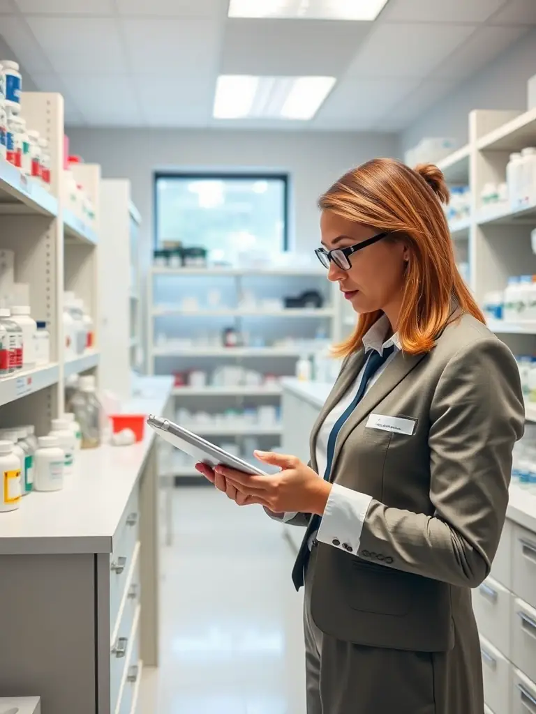 A consultant from Pharmacy Compounding Compliance conducting a risk assessment in an Ontario-based compounding pharmacy, using a tablet to record findings.