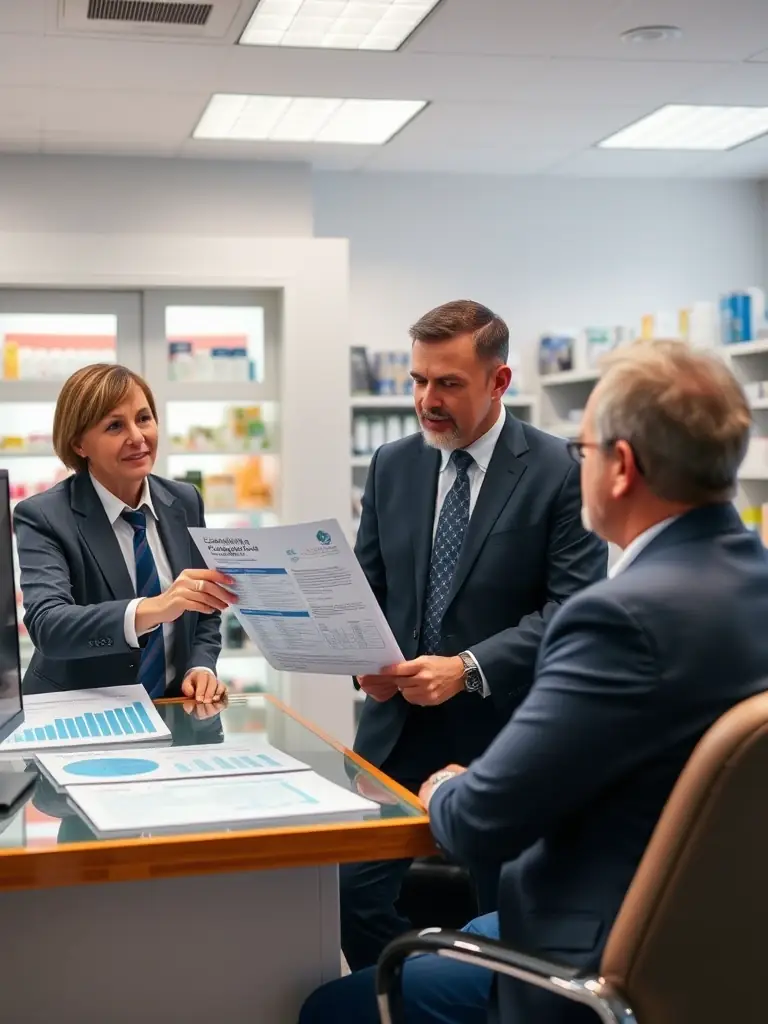A consultant presenting a compliance report to a pharmacy owner, highlighting key findings and recommendations for improvement.