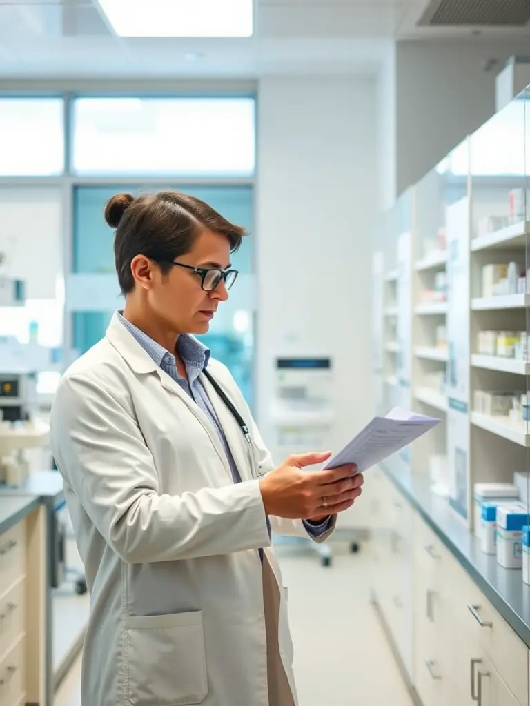 A consultant conducting a risk assessment in a compounding pharmacy, using a checklist and observing operational procedures to identify potential issues.