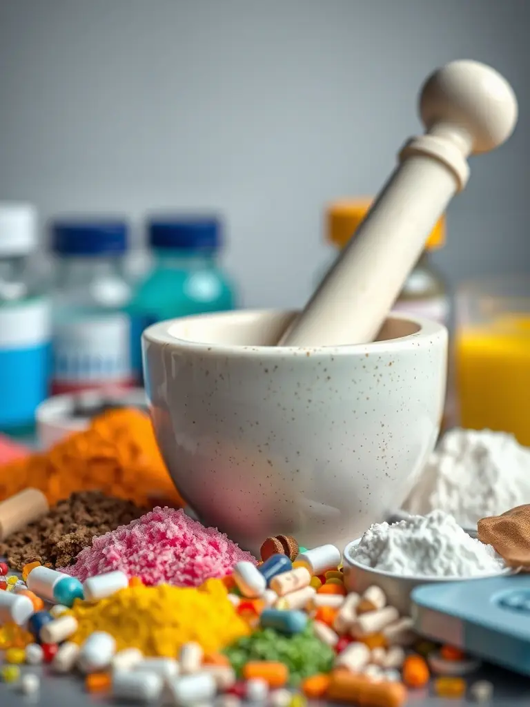 A close-up shot of a mortar and pestle with various colorful pharmaceutical ingredients, symbolizing the art and science of compounding in Alberta pharmacies.