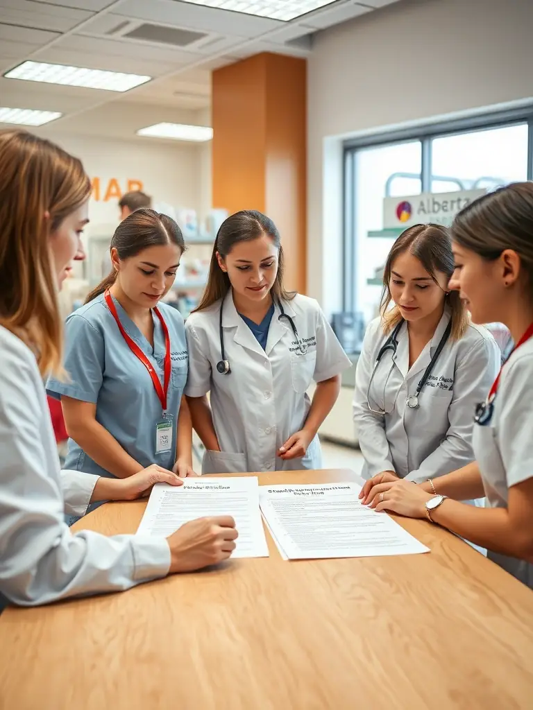 A team of pharmacy staff reviewing a Standard Operating Procedure (SOP) document, with Alberta regulatory references highlighted, in a modern pharmacy setting.