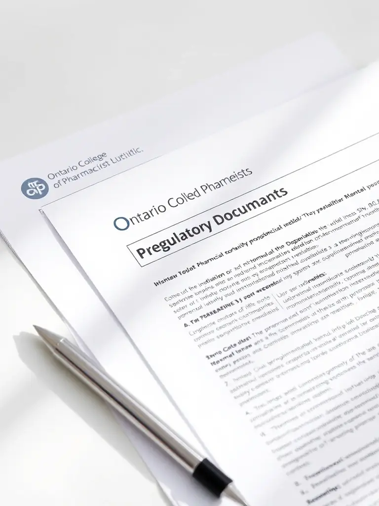 A close-up shot of the Ontario College of Pharmacists (OCP) regulatory documents, emphasizing the importance of adhering to provincial guidelines.