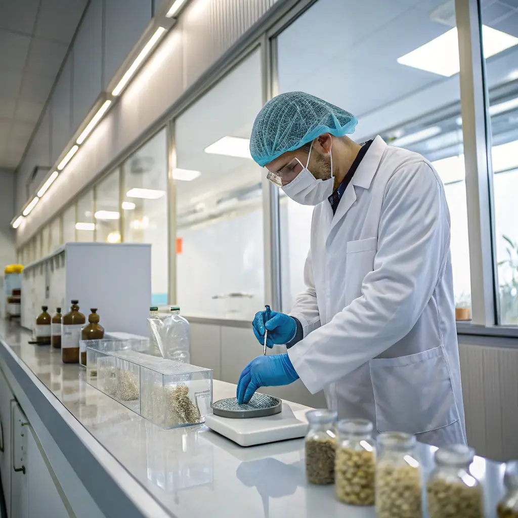 Compounder in a hair cover, mask and gloves weighing ingredients at a bench