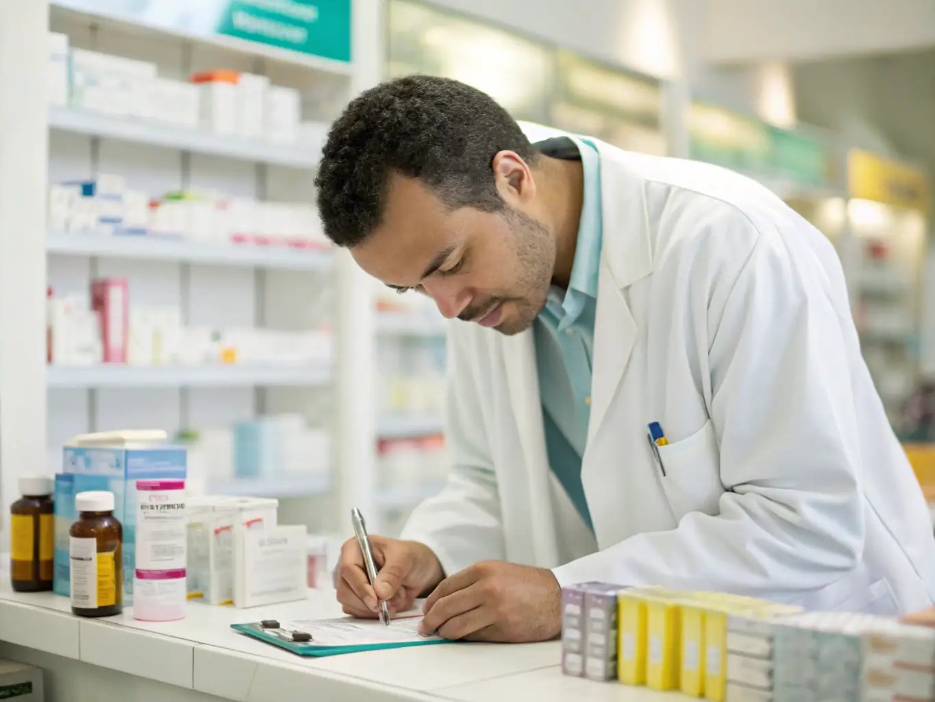 An image showing a pharmacist reviewing a master formulation record in a compounding pharmacy, with a focus on detail and accuracy.