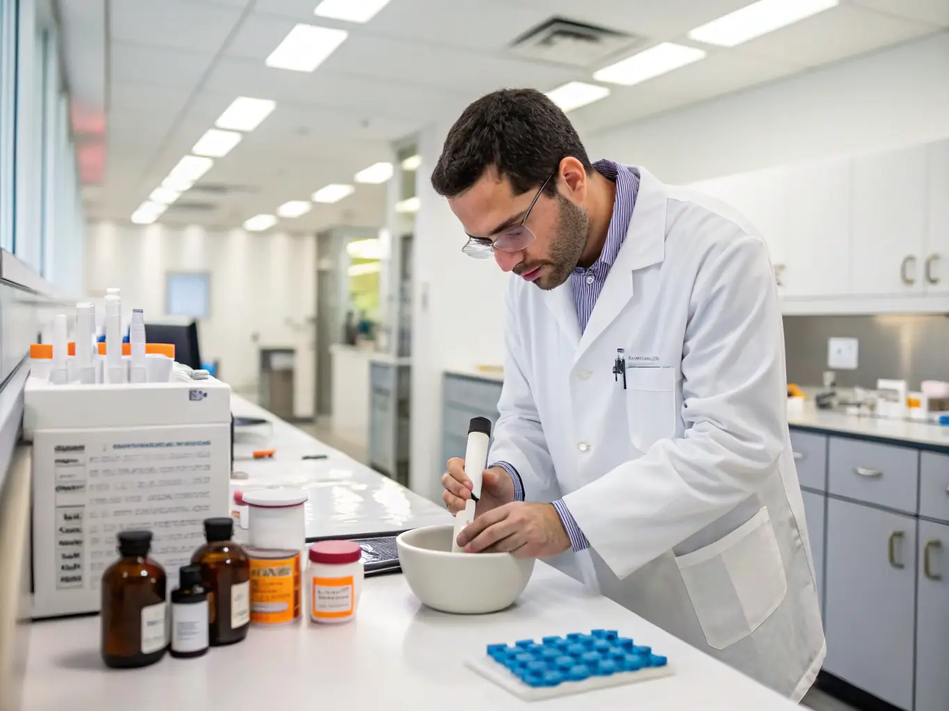 A modern compounding pharmacy lab in British Columbia, showcasing advanced equipment and a pharmacist meticulously preparing a customized medication.