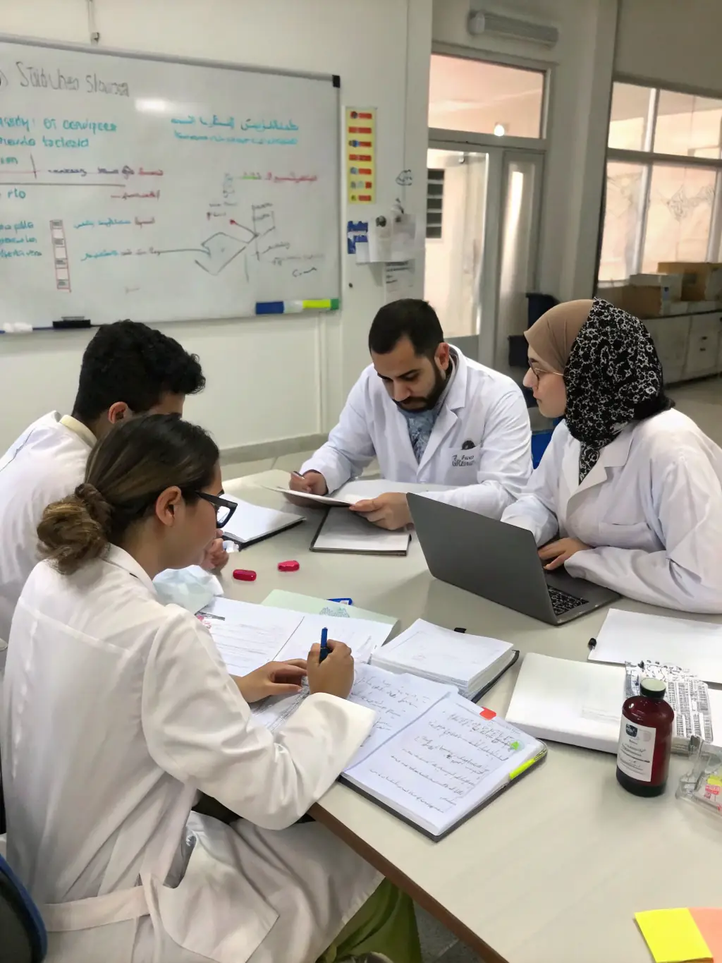 A team of pharmacy staff reviewing a newly developed Standard Operating Procedure (SOP) document, discussing its implementation and impact on daily tasks.