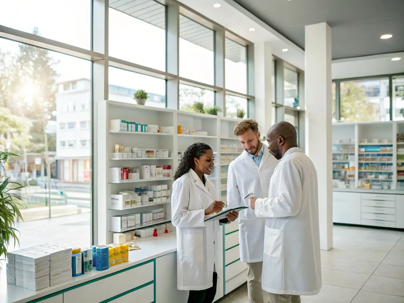 A pharmacist carefully reviewing a NAPRA guideline document in a well-lit compounding pharmacy.