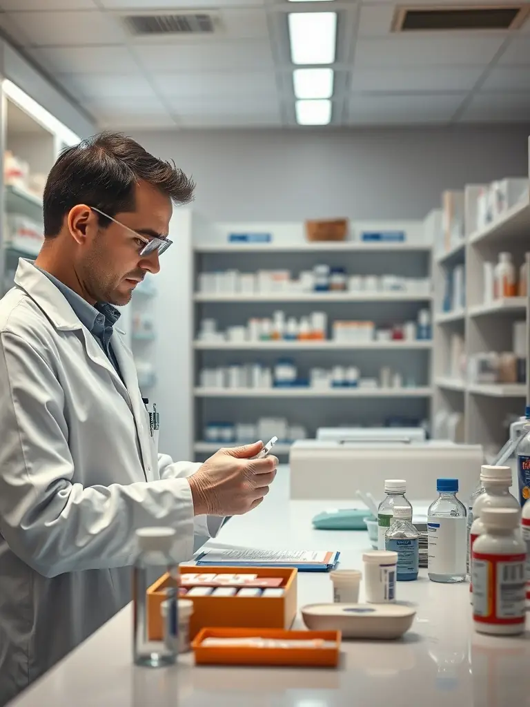 A pharmacist carefully reviewing a detailed master formulation record in a compounding pharmacy setting, ensuring accuracy and adherence to regulatory standards.