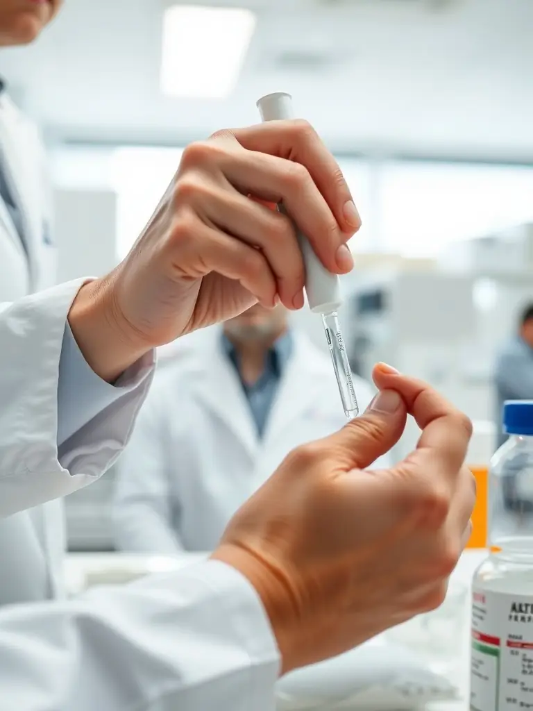 A pharmacist in a white coat carefully reviewing a detailed master formulation record in a well-lit compounding pharmacy, with Alberta regulatory guidelines visible in the background.