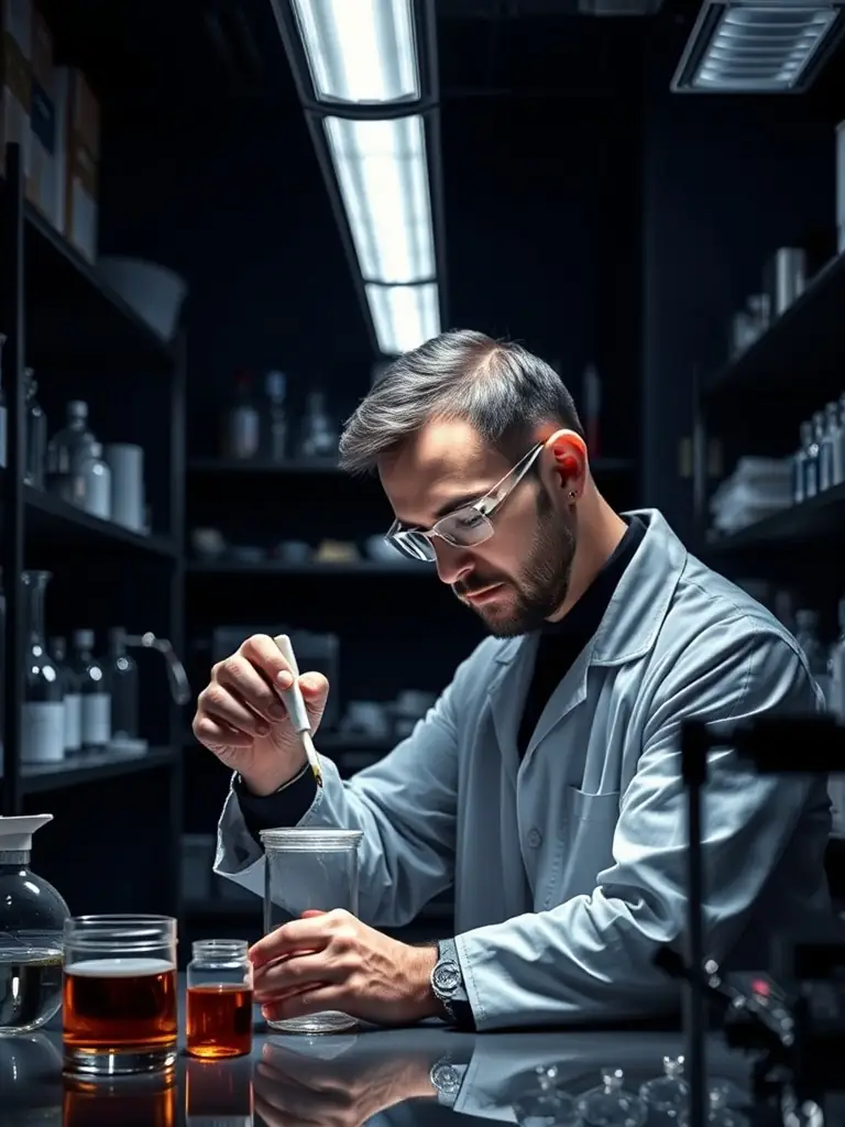 A pharmacist in a white coat reviewing a detailed compounding formula document in a modern Ontario pharmacy setting, with a focus on precision and regulatory compliance.