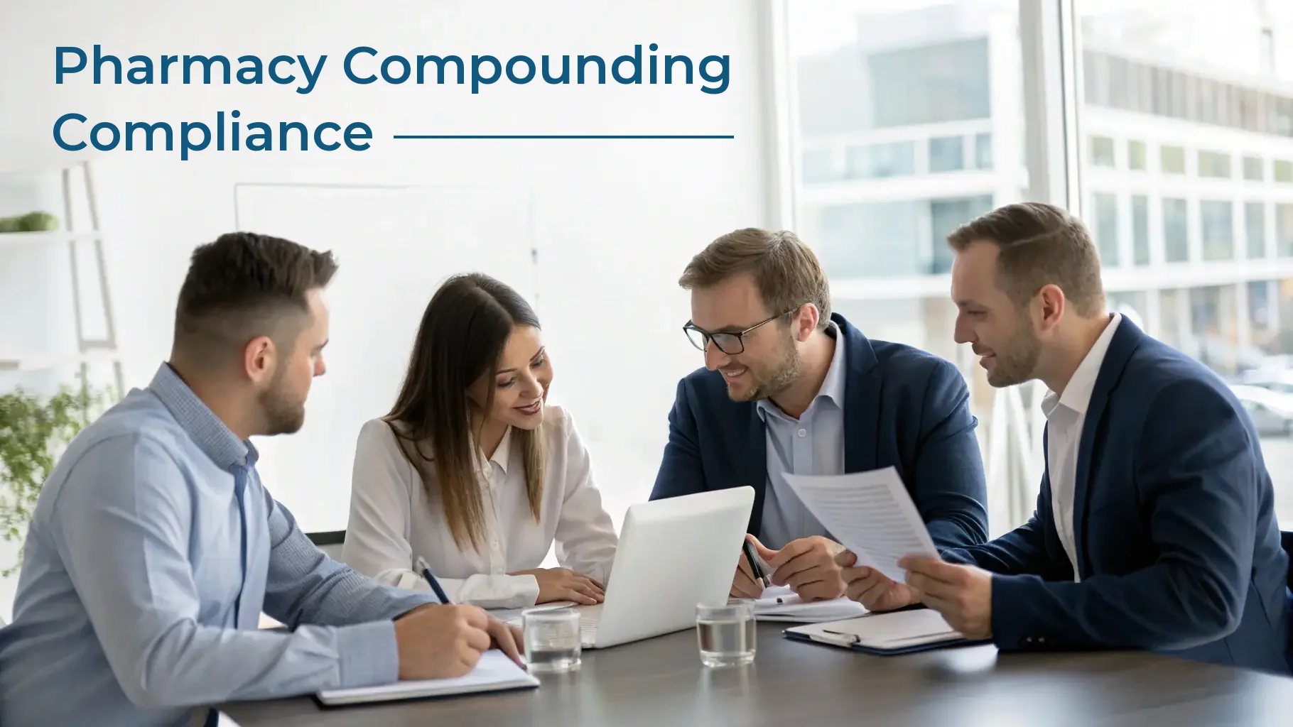 Pharmacy Compounding Compliance: four people reviewing documents at a meeting table