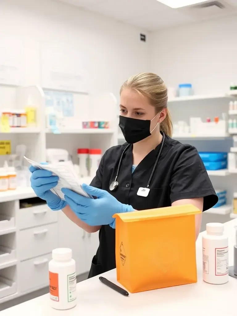 Pharmacy technician in gloves and a mask checking a document